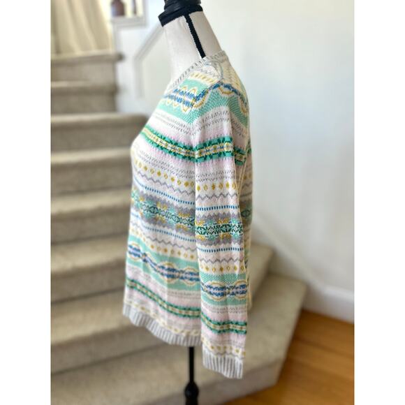 Talbots White & Green Fair Isle Striped Crewneck Sweater - Picture 2 of 6